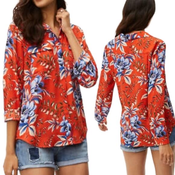 Loft Orange Floral Button Front Blouse - Picture 1 of 6